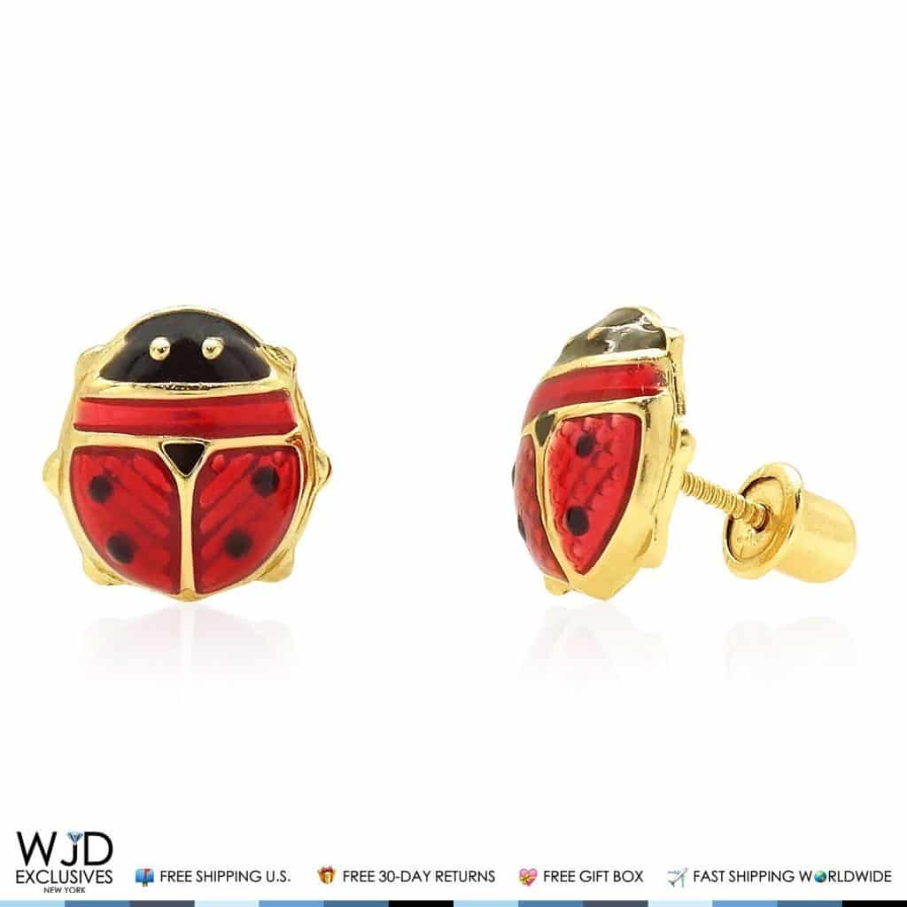 14K Solid Yellow Gold Red Enamel Large Ladybug Screw Back Stud Earrings 8mm