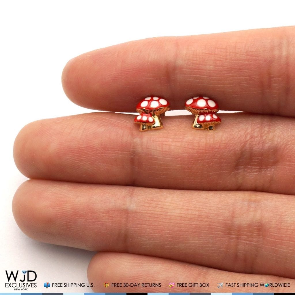 14K Yellow Gold Red Enamel Mushroom Baby Screw Back Stud Kid Earrings