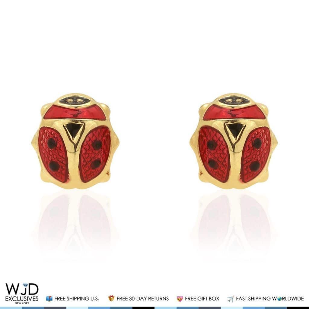 14K Solid Yellow Gold Red Enamel Small Ladybug Screw Back Stud Earrings 6mm