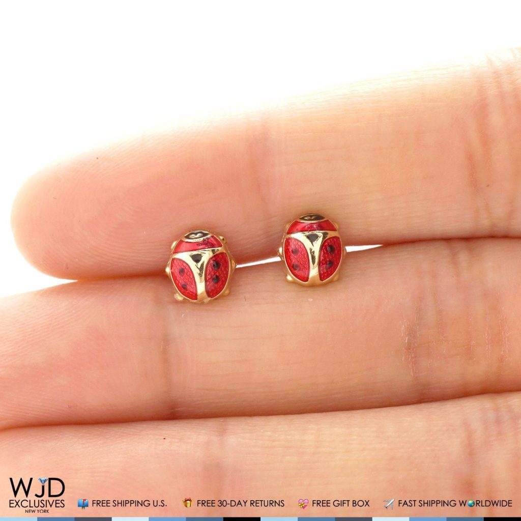 14K Solid Yellow Gold Red Enamel Small Ladybug Screw Back Stud Earrings 6mm