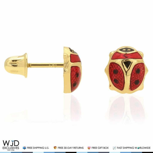 14K Yellow Gold Red Enamel Small Ladybug Screw Back Stud Earrings 6mm
