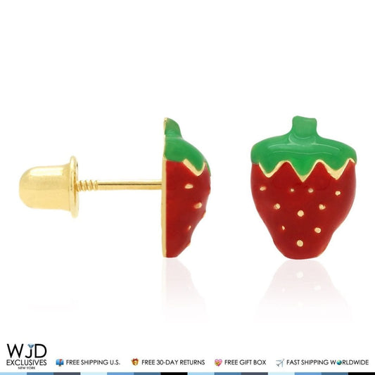 14K Yellow Gold Red Enamel Strawberry Baby Screw Back Stud Kid Earrings 8mm