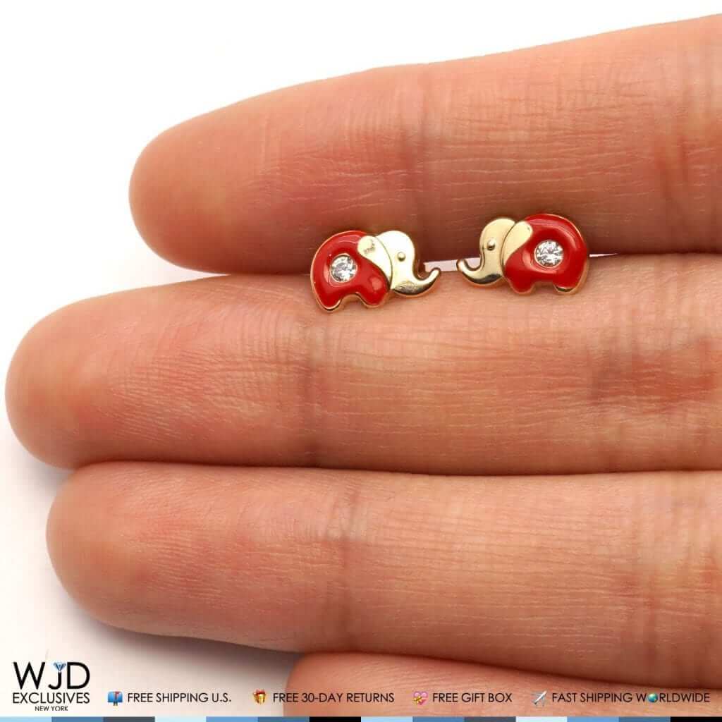 14K Yellow Gold Enamel CZ Elephant Screw Back Stud Earrings