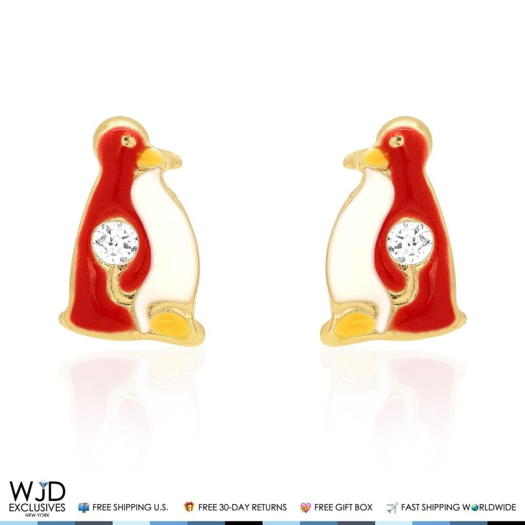 14K Solid Yellow Gold Red Enamel & Zircon Penguin Screwback Stud Kids Earrings