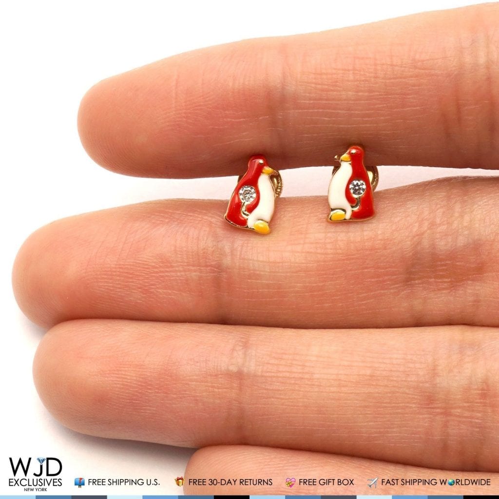 14K Solid Yellow Gold Red Enamel & Zircon Penguin Screwback Stud Kids Earrings