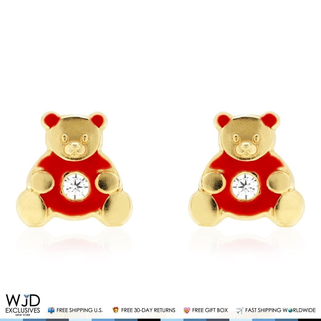 14K Real Gold Enamel CZ Teddy Bear Screwback Stud Earrings