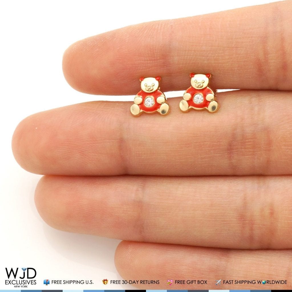 14K Real Gold Enamel CZ Teddy Bear Screwback Stud Earrings
