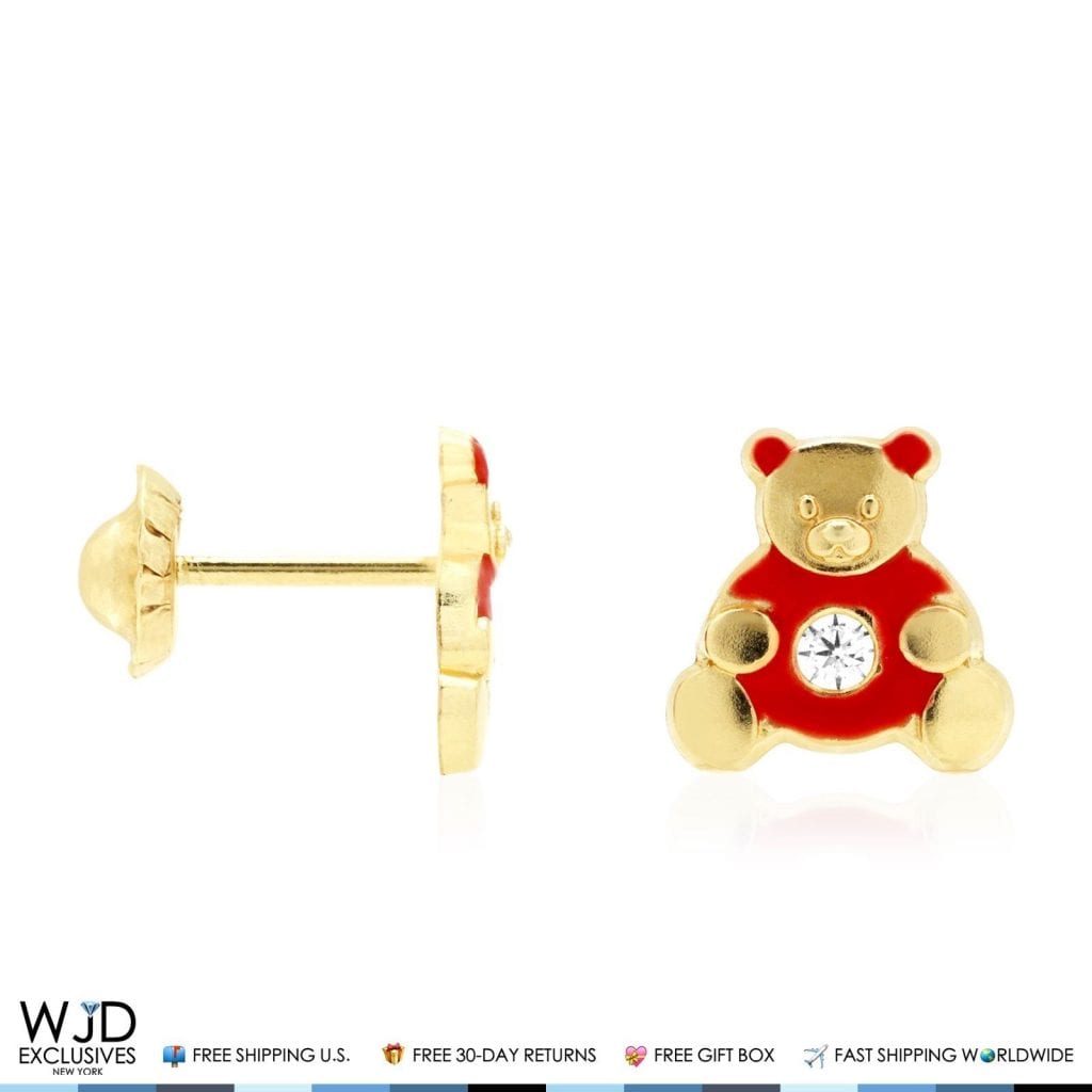 14K Real Gold Enamel CZ Teddy Bear Screwback Stud Earrings
