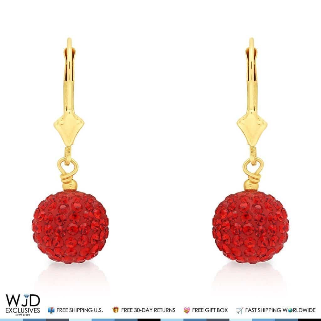 14K Solid Yellow Gold Red Garnet Ball Lever Back Dangle Drop Earrings 1.15"