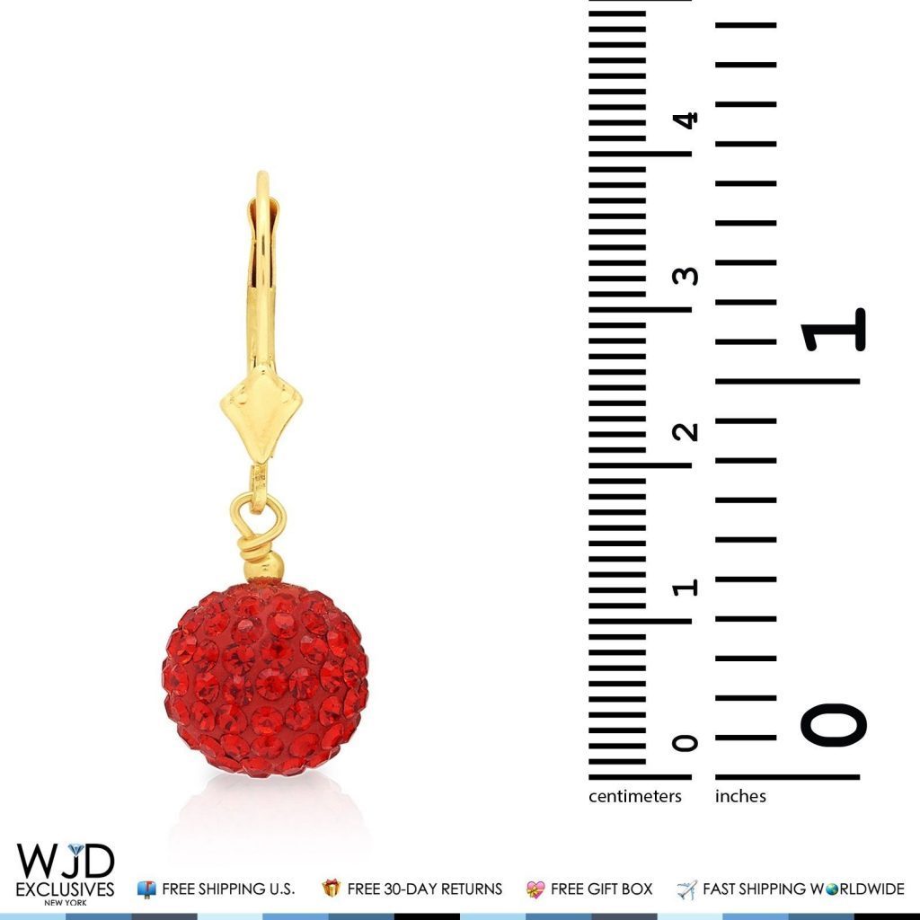 14K Solid Yellow Gold Red Garnet Ball Lever Back Dangle Drop Earrings 1.15"