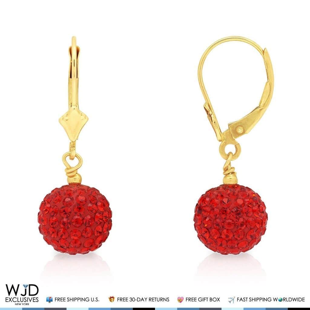 14K Solid Yellow Gold Red Garnet Ball Lever Back Dangle Drop Earrings 1.15"