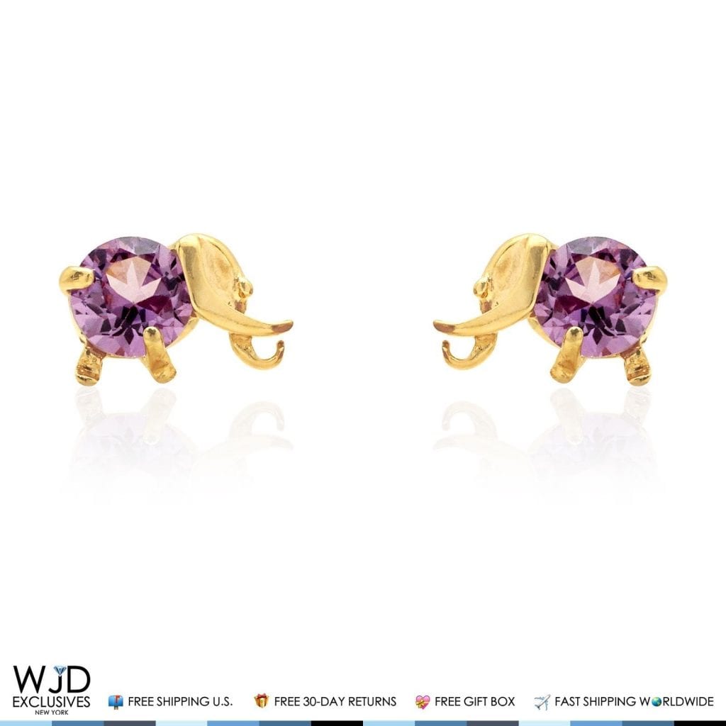 14K Solid Yellow Gold Round Alexandrite Elephant Baby Screwback Stud Earrings