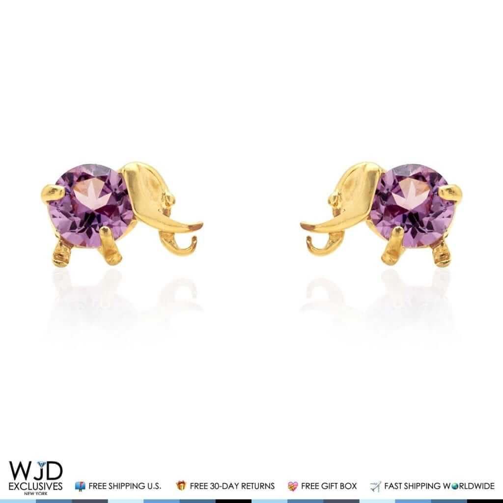 14K Yellow Gold Round Alexandrite Elephant Baby Screwback Stud Earrings