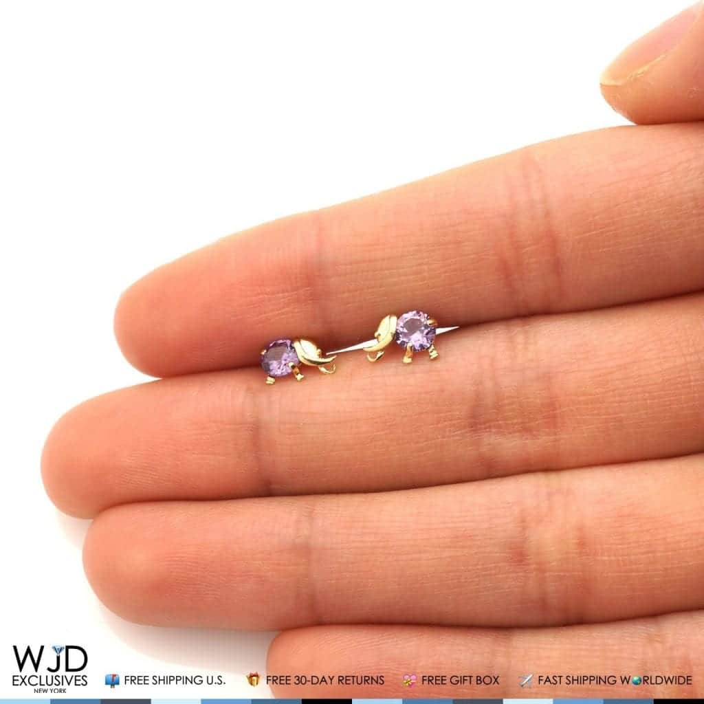 14K Solid Yellow Gold Round Alexandrite Elephant Baby Screwback Stud Earrings