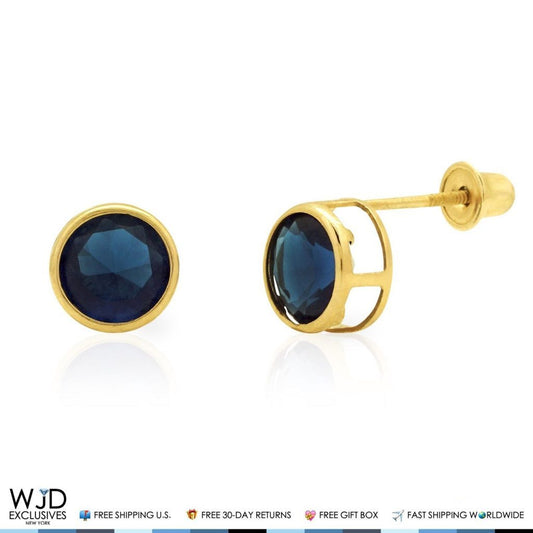 14K Gold Round Bezel Blue Simulated Sapphire Screw Back Stud Earrings 6mm