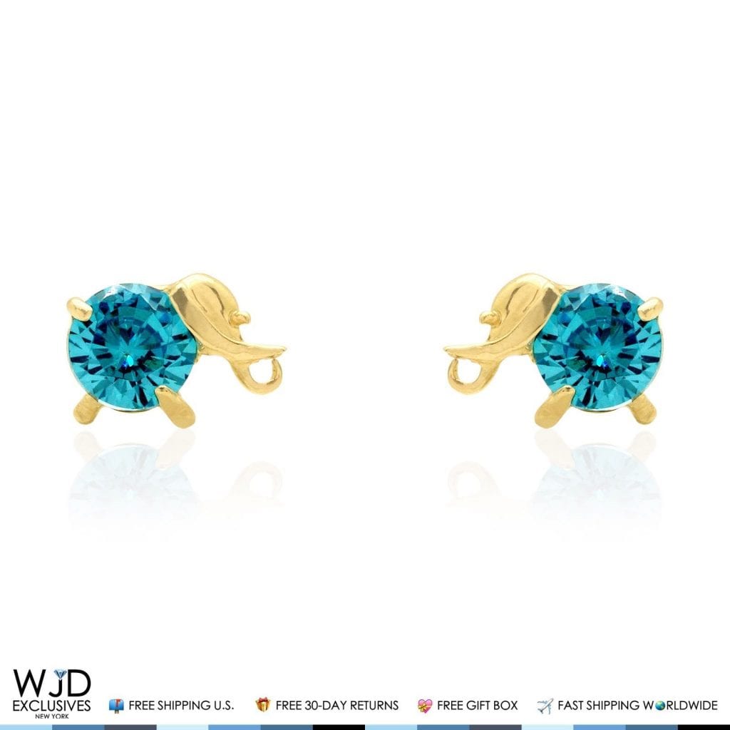 14K Solid Yellow Gold Round Blue Zircon Elephant Baby Screw Back Stud Earrings