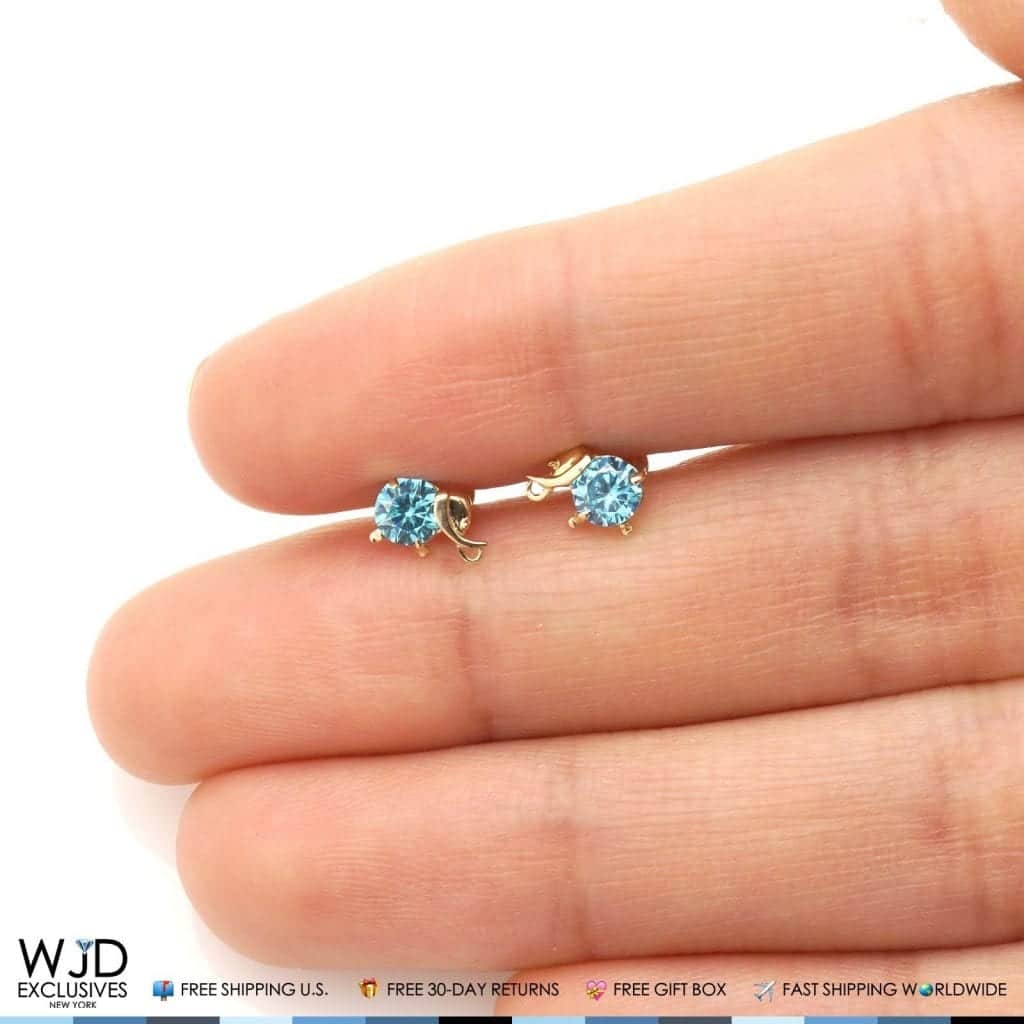 14K Solid Yellow Gold Round Blue Zircon Elephant Baby Screw Back Stud Earrings