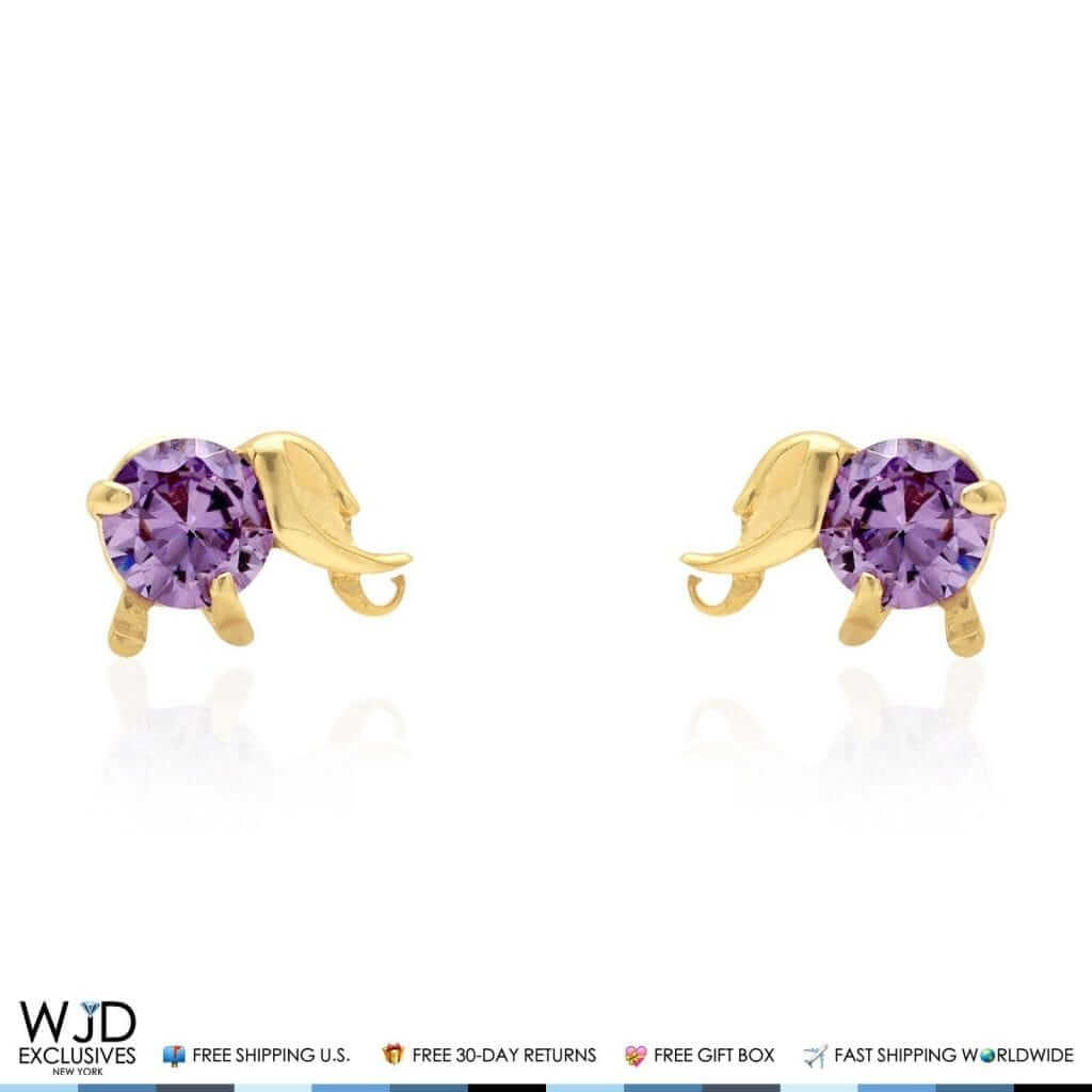 14K Yellow Gold Round-Cut Amethyst Elephant Baby Screwback Stud Earrings