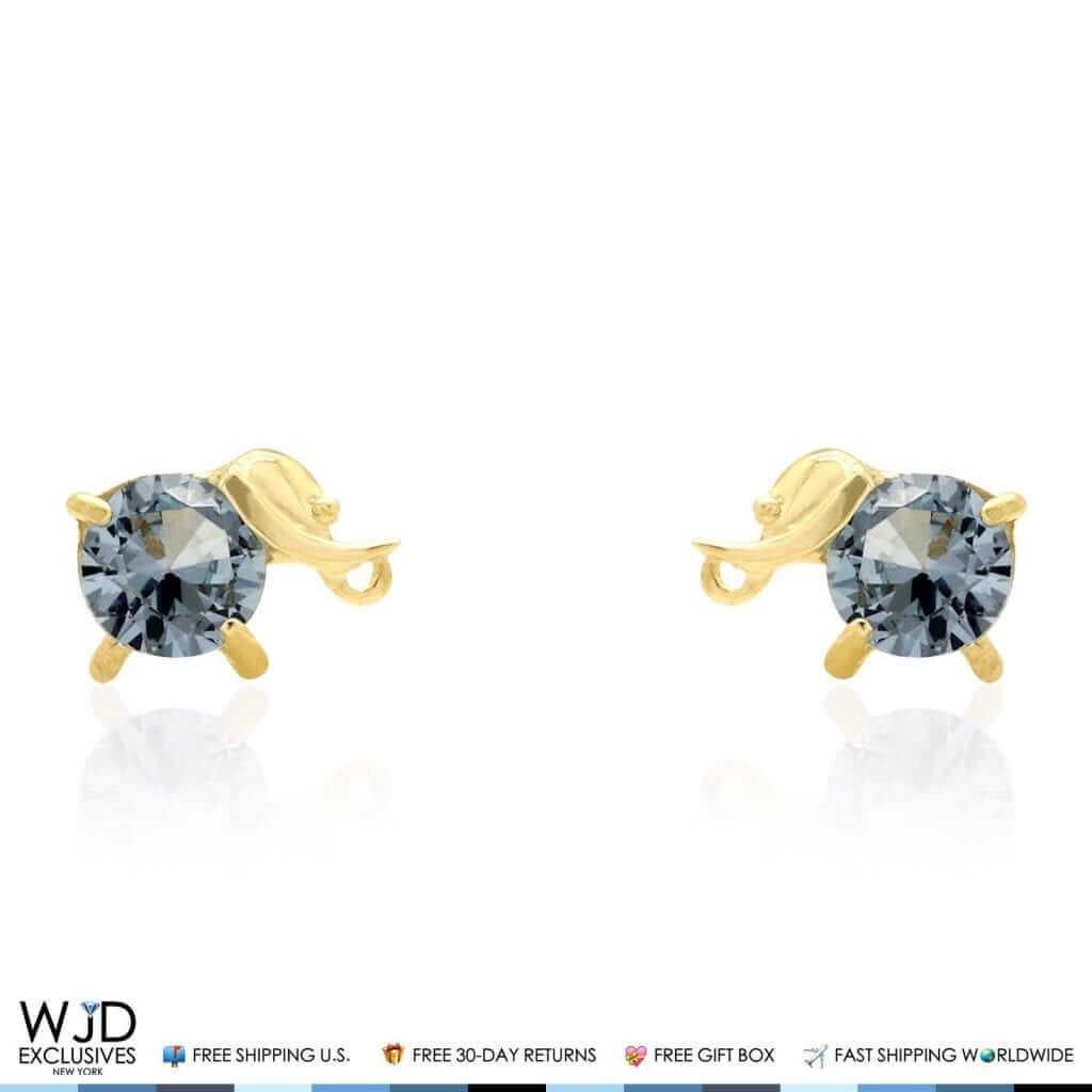 14K Yellow Gold Round-Cut Aquamarine Elephant Baby Screwback Stud Earrings