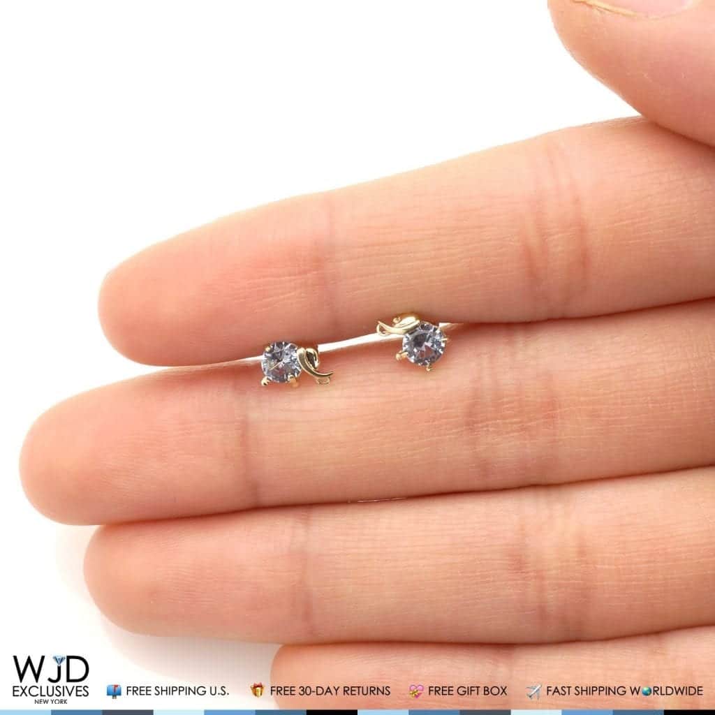 14K Yellow Gold Round Cut Aquamarine Elephant Baby Screwback Stud Earrings