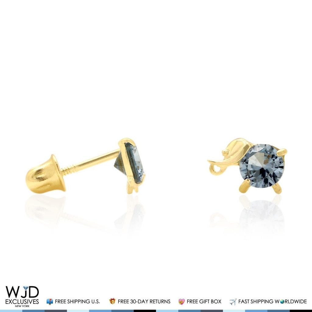 14K Yellow Gold Round Cut Aquamarine Elephant Baby Screwback Stud Earrings