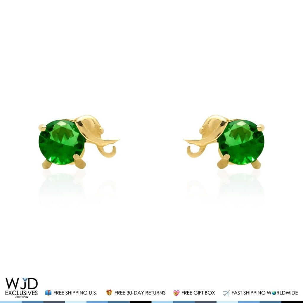 14K Yellow Gold Round Simulated Emerald Elephant Baby Screwback Stud Earrings