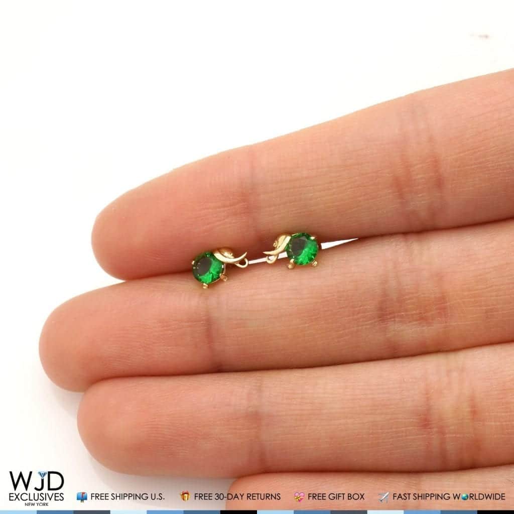 14K Yellow Gold Round Simulated Emerald Elephant Baby Screwback Stud Earrings