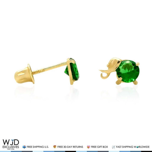 14K Yellow Gold Round Simulated Emerald Elephant Baby Screwback Stud Earrings