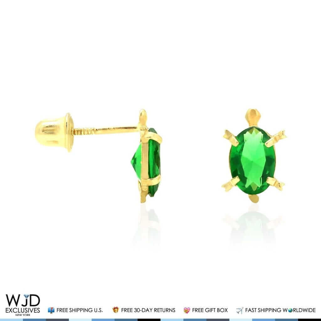 Kids 14K Yellow Gold Oval Birthstone Turtle Screw Back Stud Earrings
