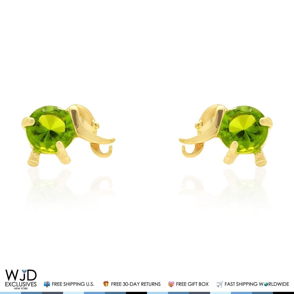 14K Solid Yellow Gold Round Cut Peridot Elephant Baby Screwback Stud Earrings