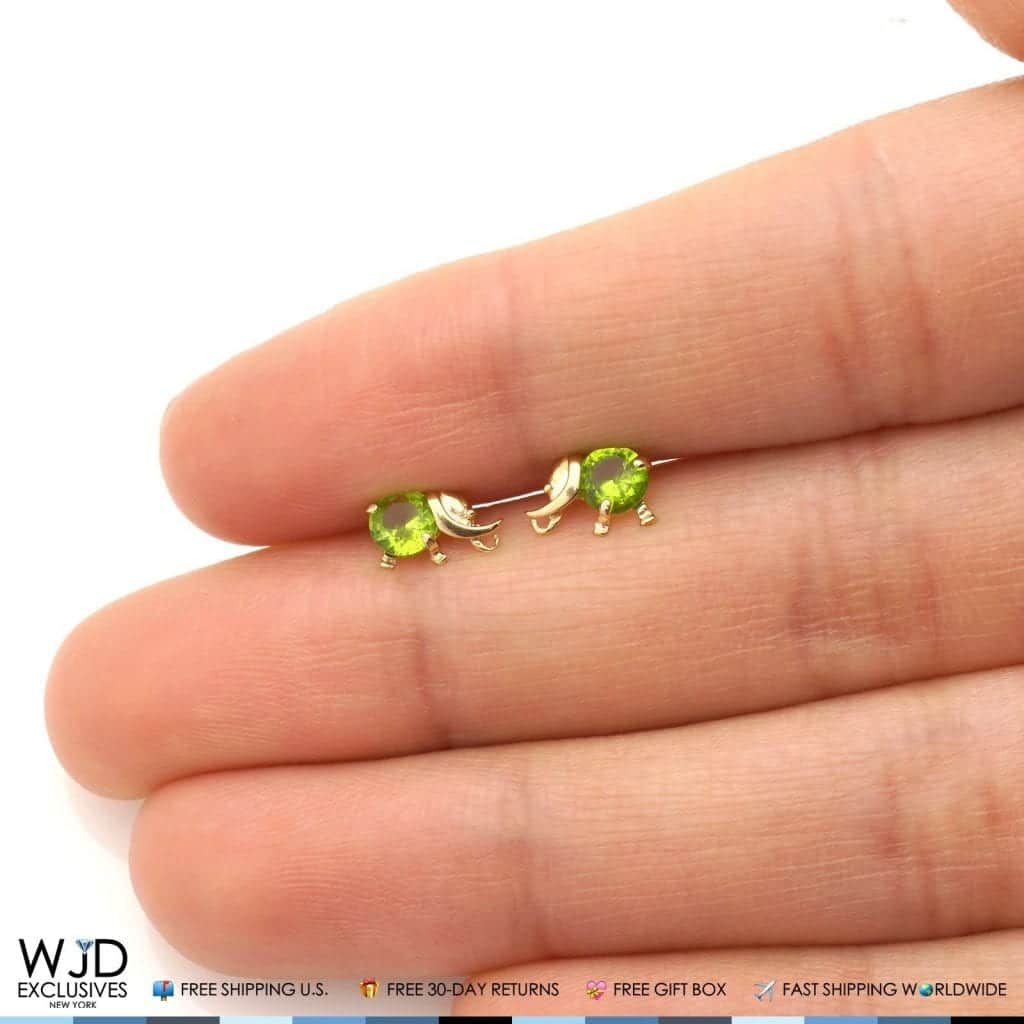 14K Solid Yellow Gold Round Cut Peridot Elephant Baby Screwback Stud Earrings