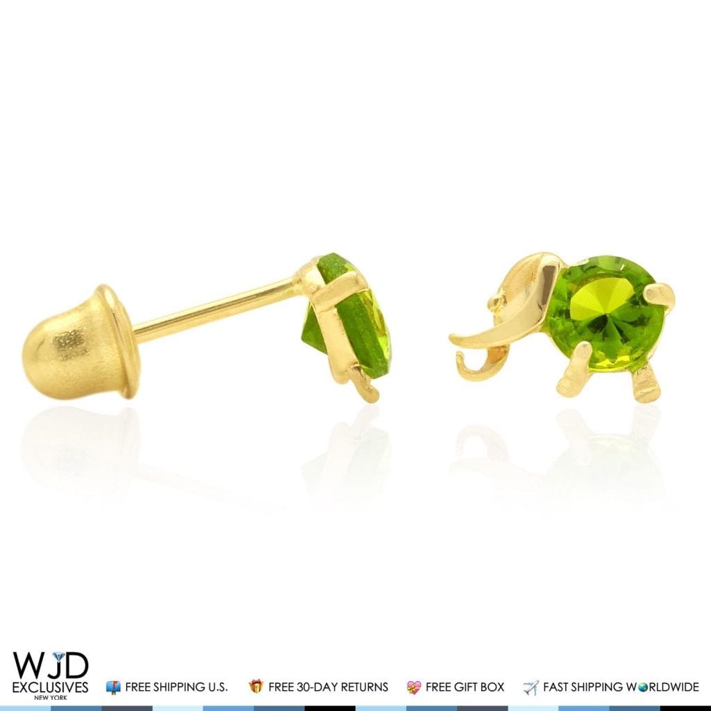14K Solid Yellow Gold Round Cut Peridot Elephant Baby Screwback Stud Earrings