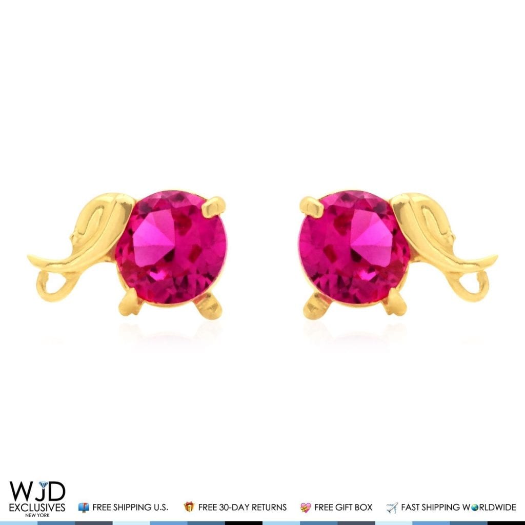 14K Yellow Gold Round Cut Simulated Ruby Elephant Baby Screwback Stud Earrings
