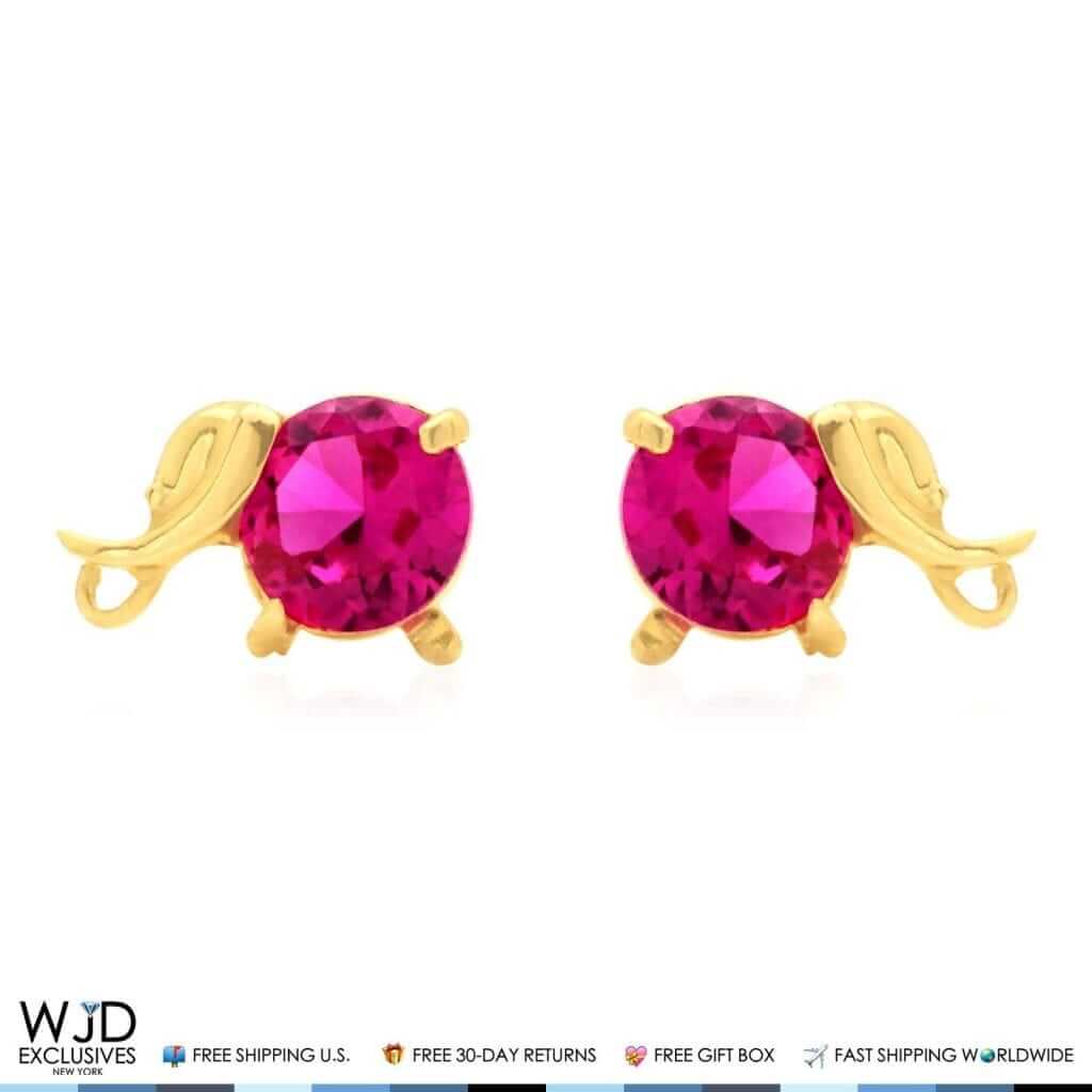 14K Yellow Gold Round-Cut Simulated Ruby Elephant Baby Screwback Stud Earrings