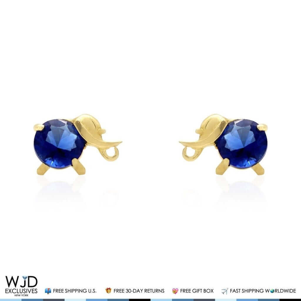 14K Yellow Gold Round Simulated Sapphire Elephant Screwback Stud Earrings
