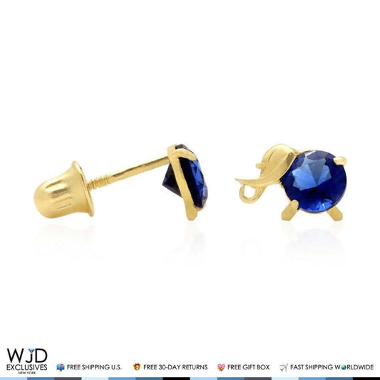 14K Yellow Gold Round Simulated Sapphire Elephant Screwback Stud Earrings