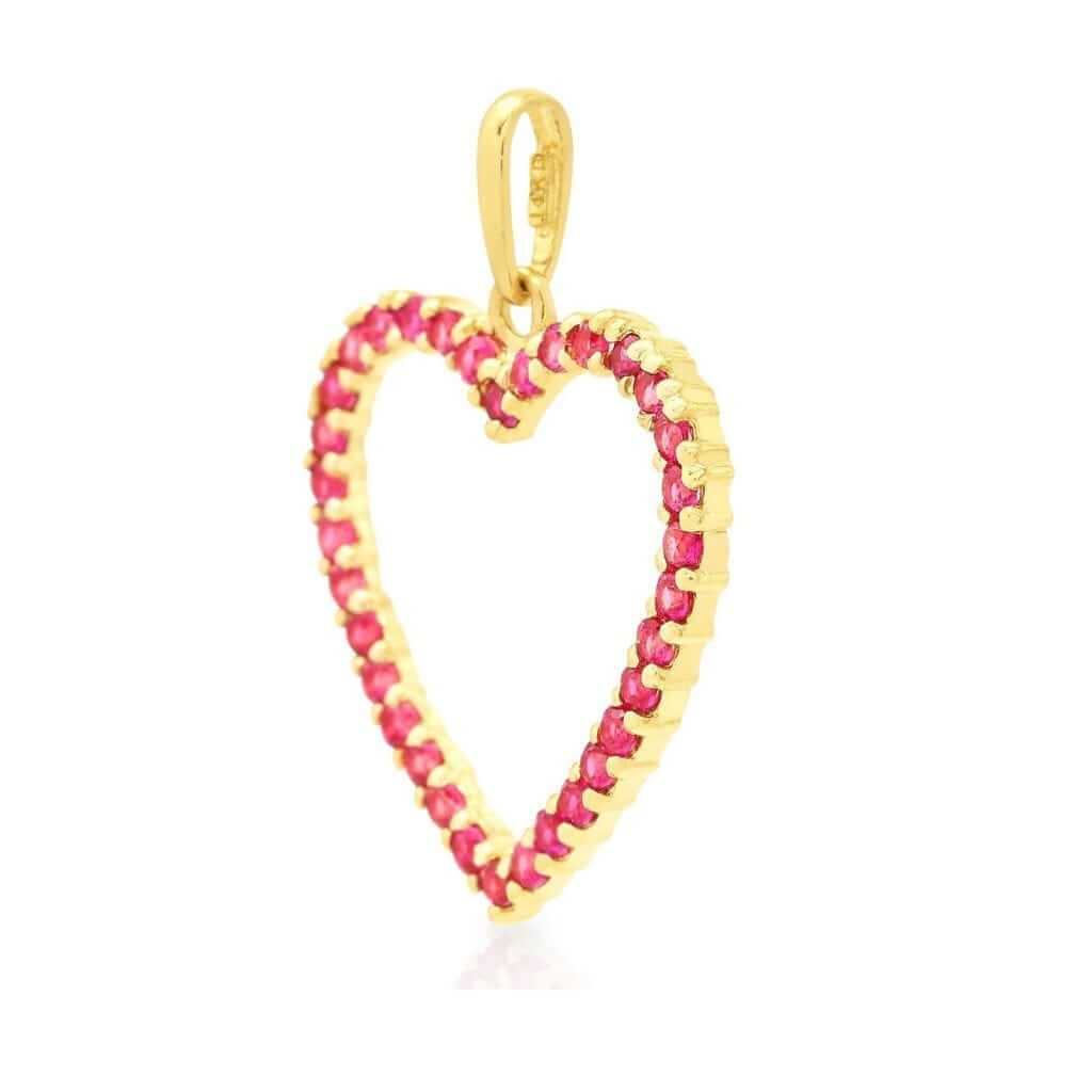 14K Yellow Gold White Gold Ruby Birthstone Open Heart Pendant 0.8"