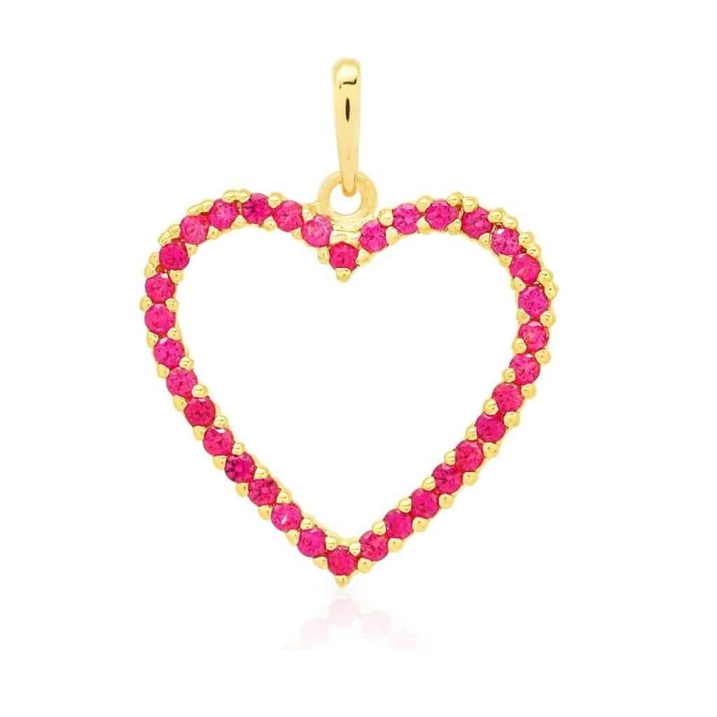 14K Yellow Gold White Gold Ruby Birthstone Open Heart Pendant 0.8"