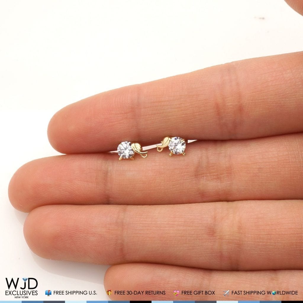 14K Solid Yellow Gold Round White Zircon Elephant Baby Screwback Stud Earrings