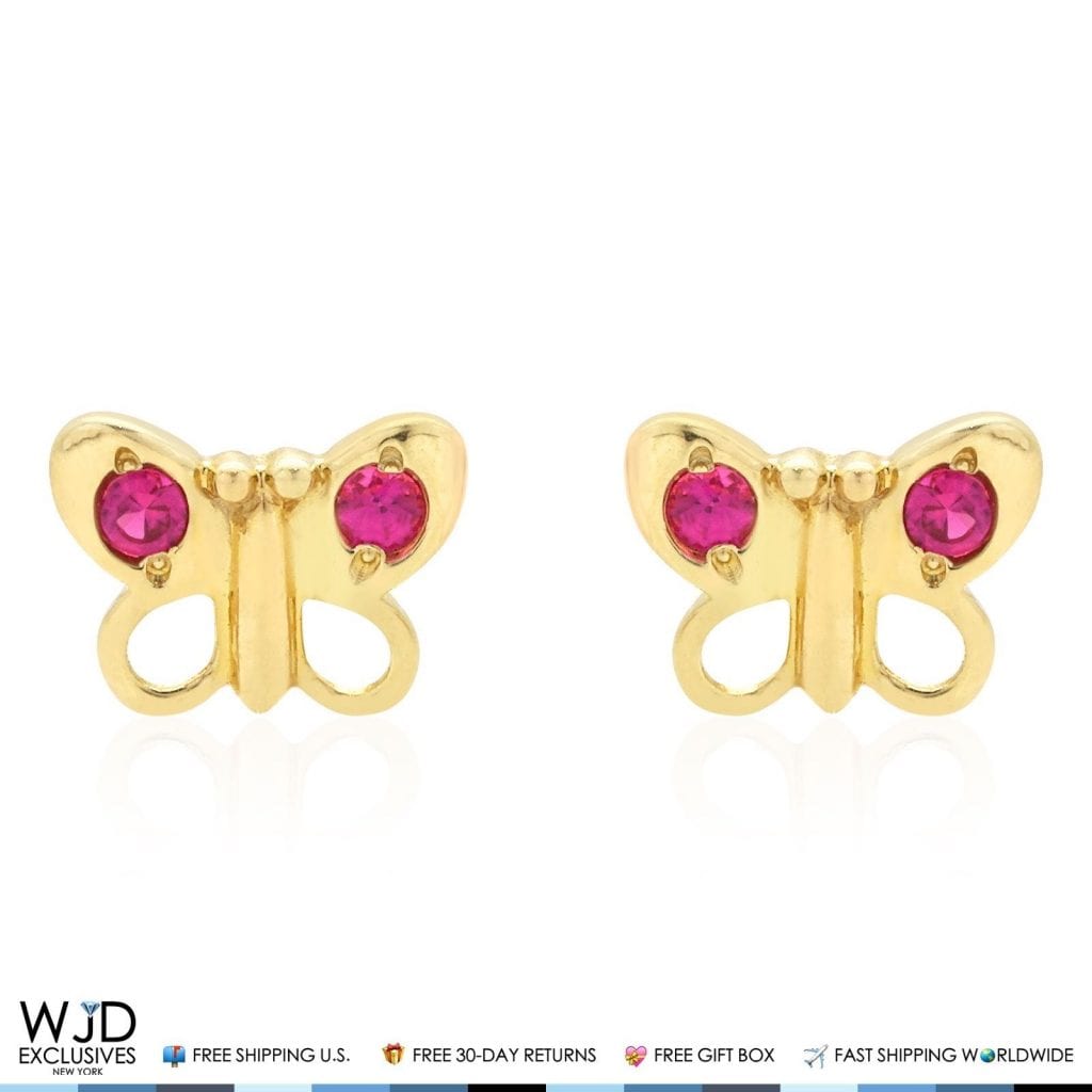 14K Solid Yellow Gold Simulated Ruby Butterfly Baby Screw Back Stud Kid Earrings