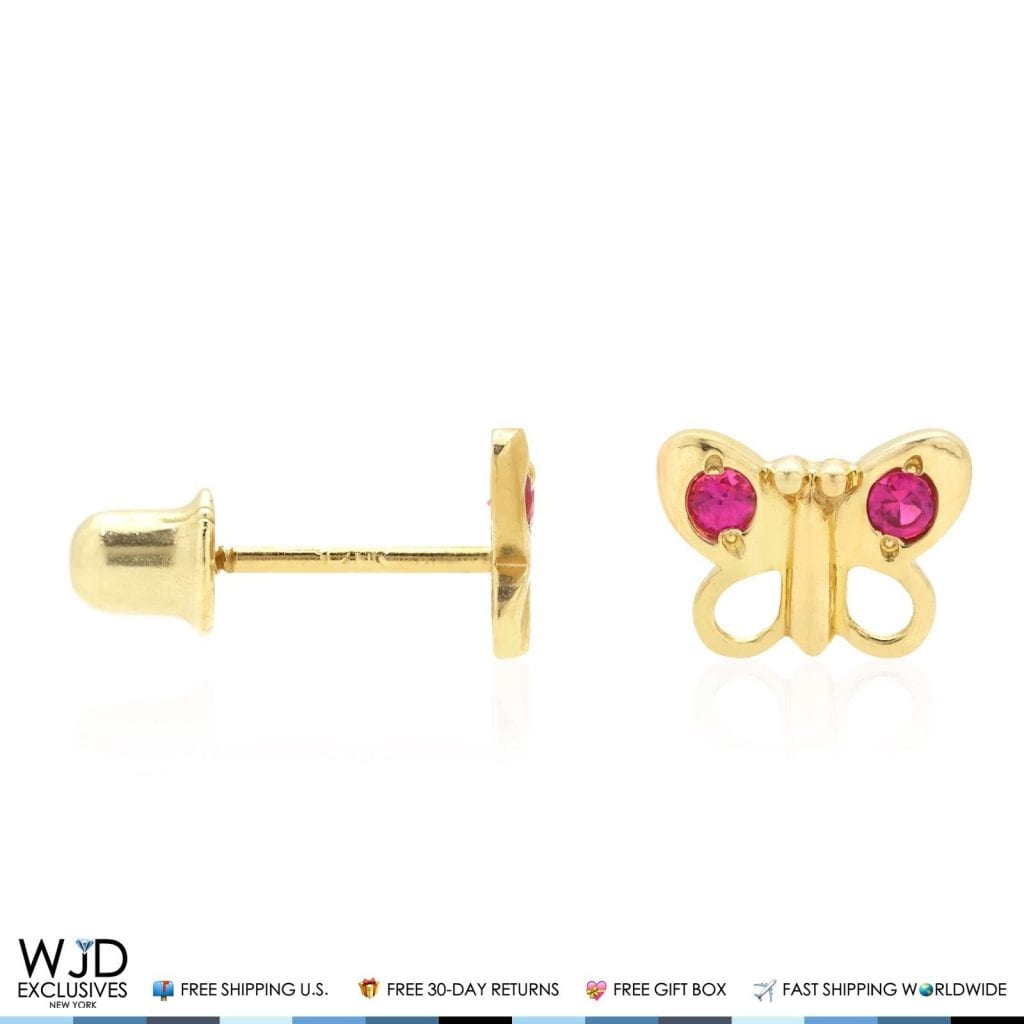 14K Solid Yellow Gold Simulated Ruby Butterfly Baby Screw Back Stud Kid Earrings