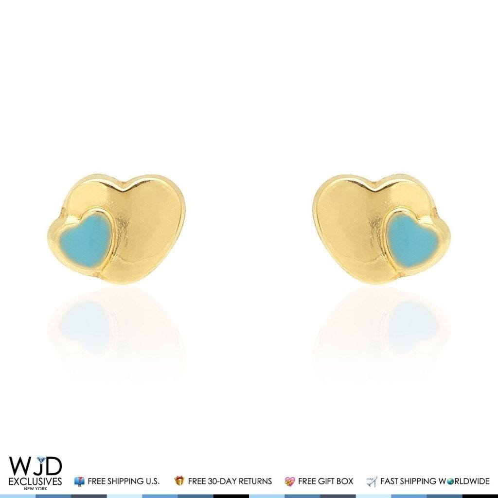 14K Solid Yellow Gold Sky Blue Enamel Heart Baby Screwback Stud Kid Earrings