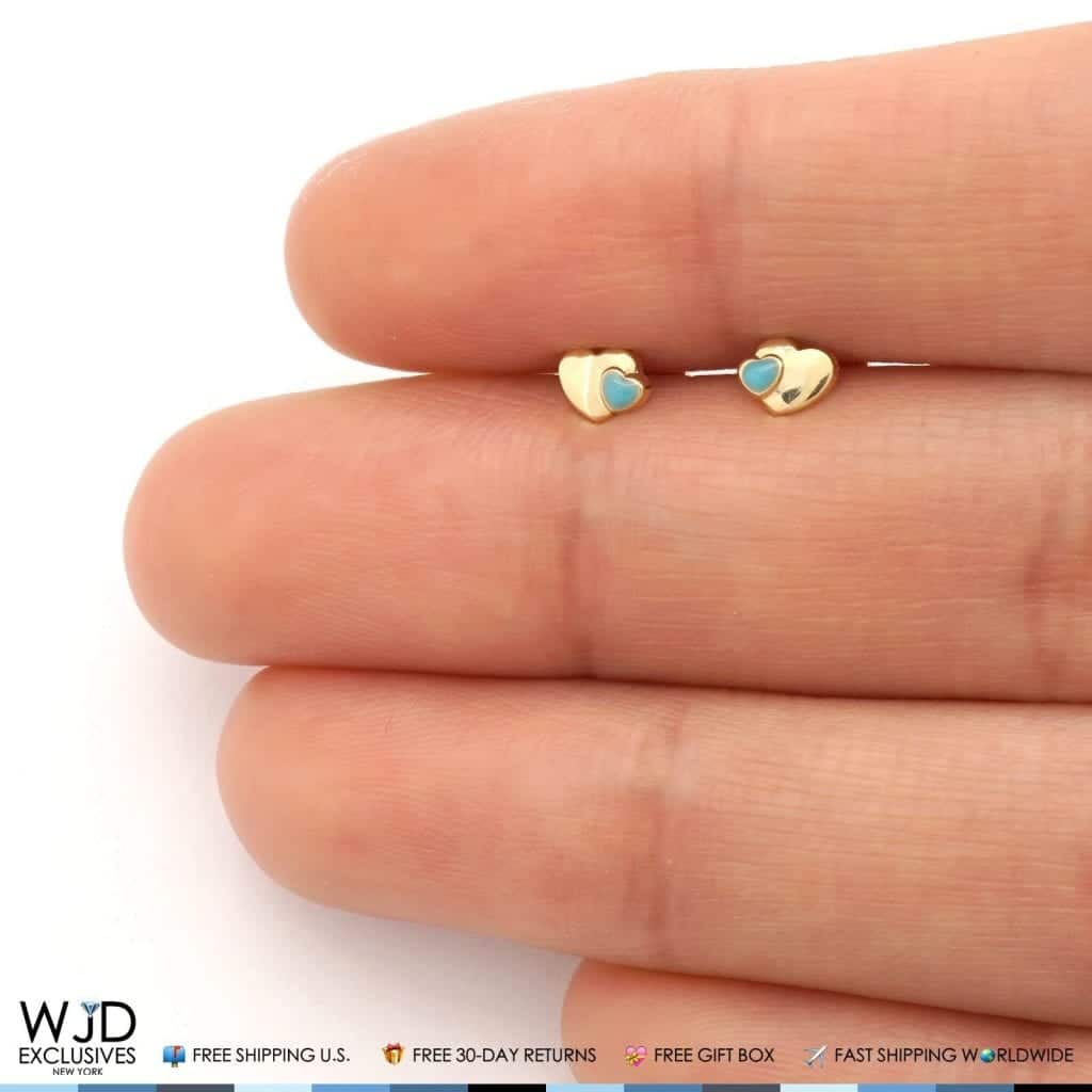 14K Solid Yellow Gold Sky Blue Enamel Heart Baby Screwback Stud Kid Earrings