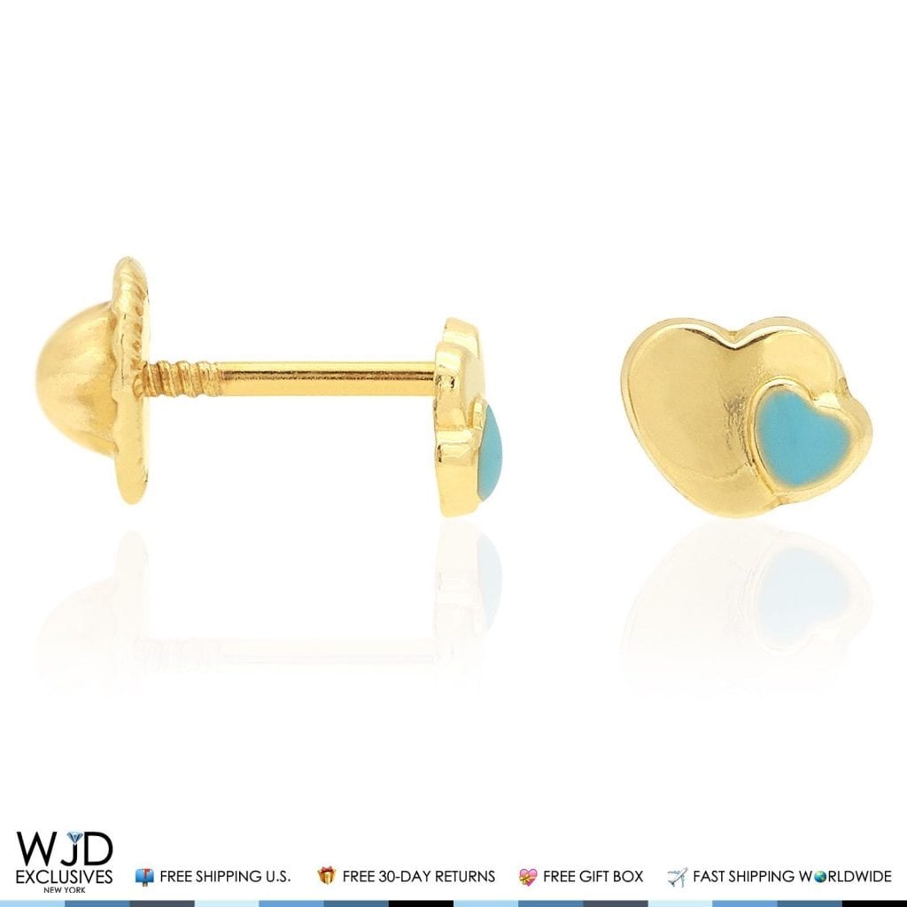 14K Solid Yellow Gold Sky Blue Enamel Heart Baby Screwback Stud Kid Earrings