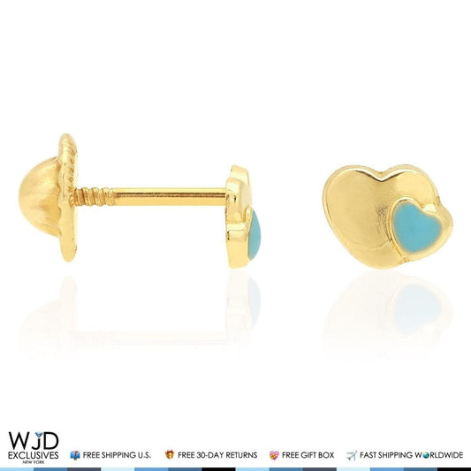 14K Yellow Gold Sky Blue Enamel Heart Baby Screwback Stud Kid Earrings