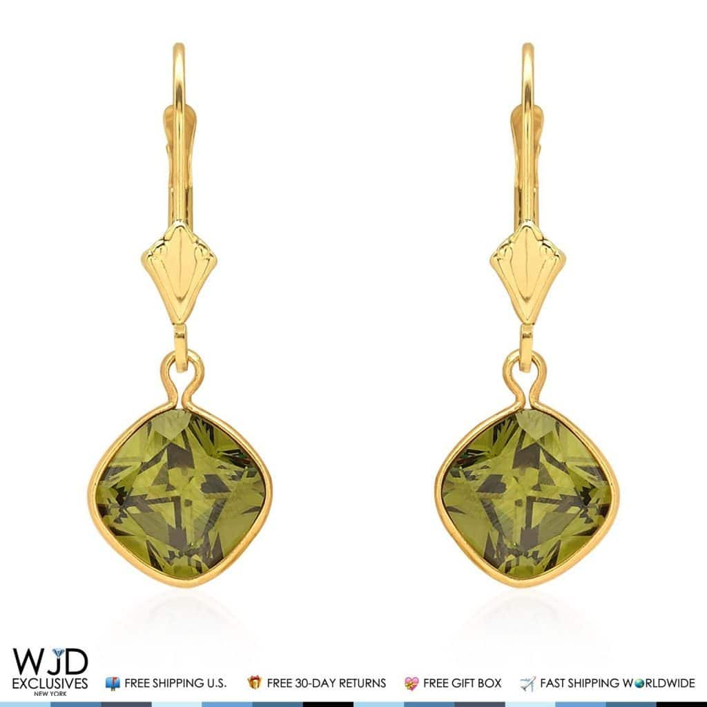14K Solid Yellow Gold Square Olive Green Tourmaline Leverback Dangle Earrings 1"