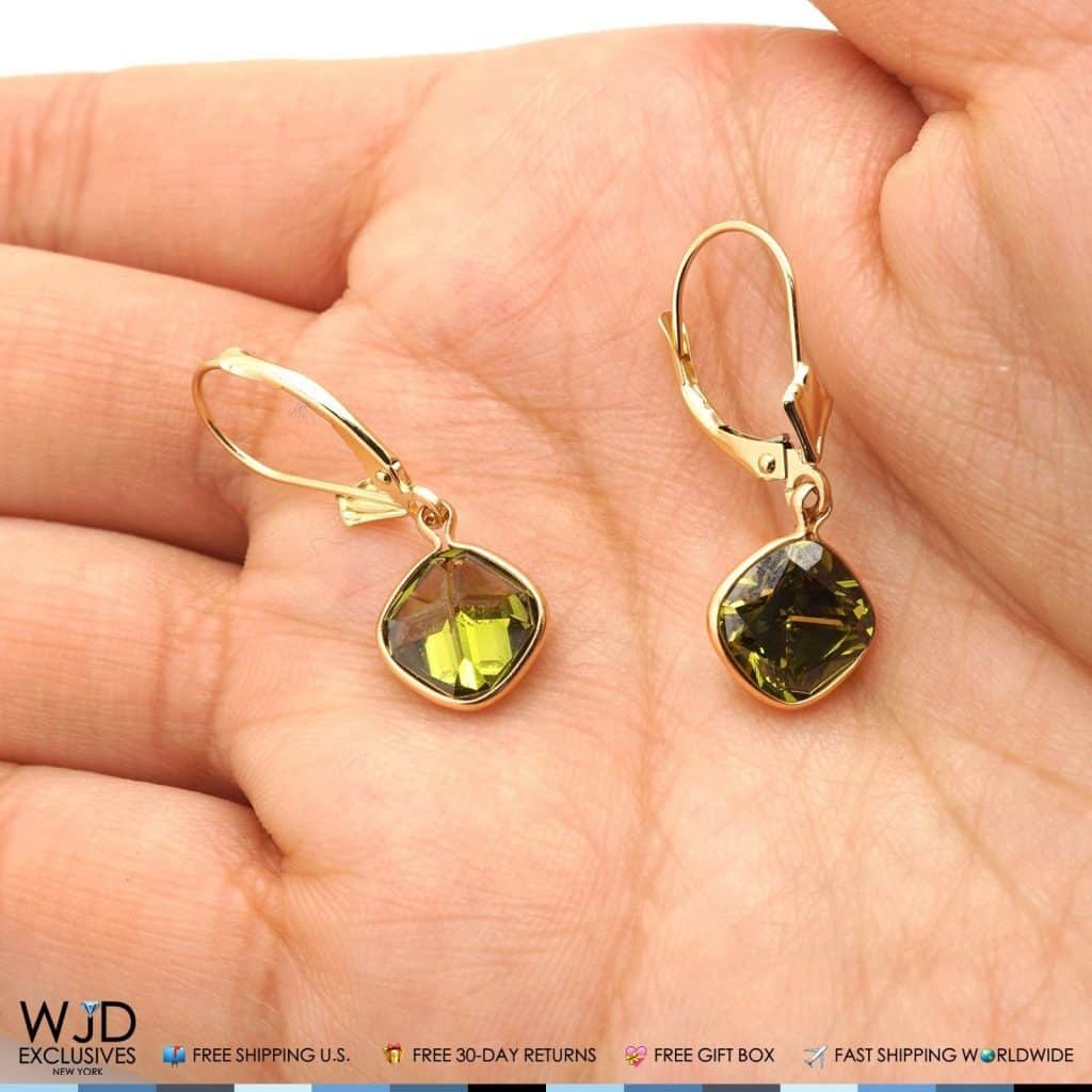 14K Solid Yellow Gold Square Olive Green Tourmaline Leverback Dangle Earrings 1"