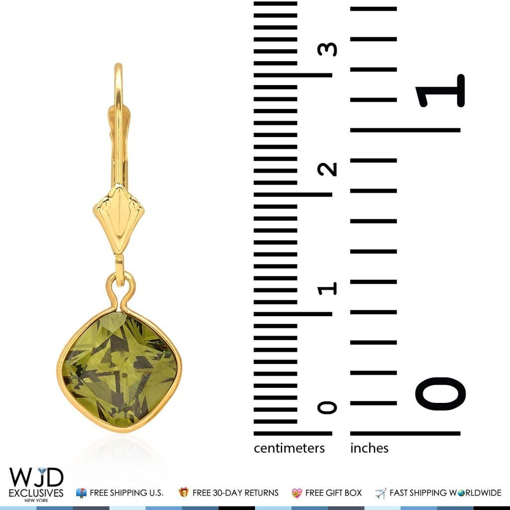 14K Solid Yellow Gold Square Olive Green Tourmaline Leverback Dangle Earrings 1"