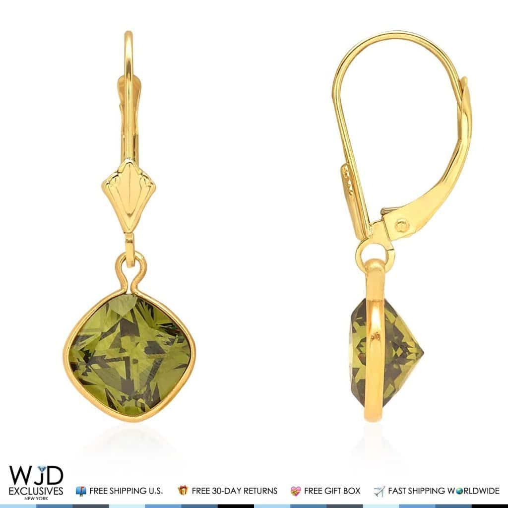 14K Solid Yellow Gold Square Olive Green Tourmaline Leverback Dangle Earrings 1"