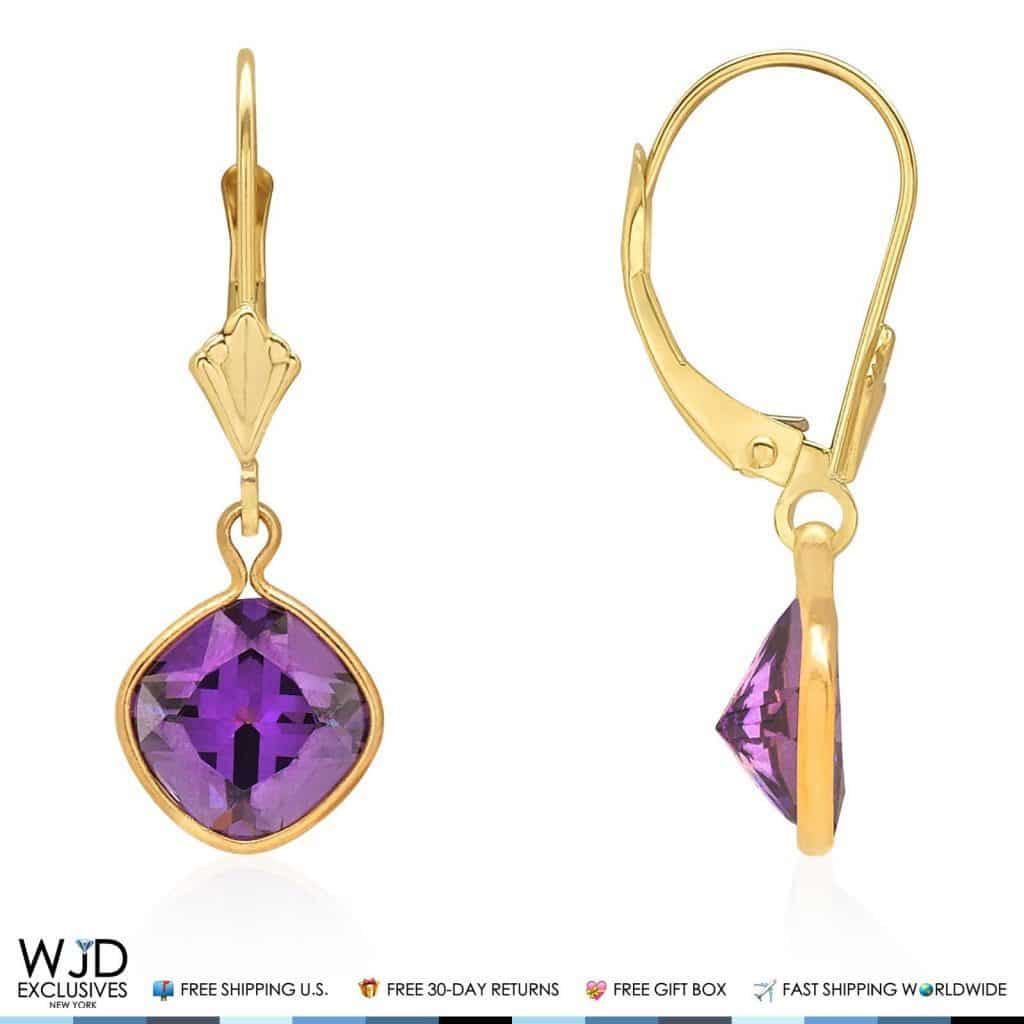 14k Yellow Gold Square Bezel Birthstone Drop Leverback Earrings 1"